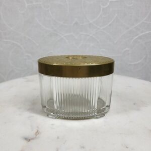 VTG Glass Vanity Jar Trinket Box Ornate Brass Floral Lid Jewelry Box Container